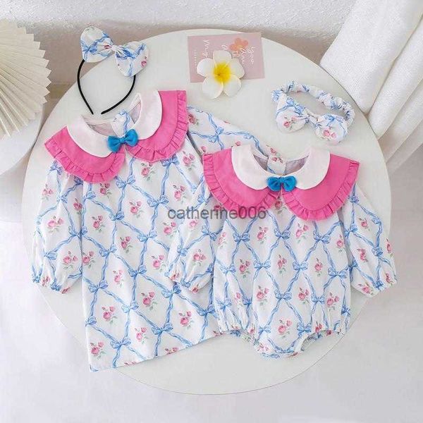 

2023 spring sister matching wear clothes for kids baby girls floral printed a-line dress and rumpers with bowknot girl outfits l230625, White