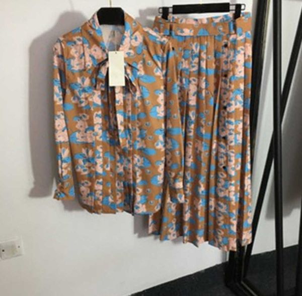 

daily casual two piece dress lotus print bow tie collar long-sleeved blouse 100% cotton mid-length high waist pleated half skirt summer wome, White