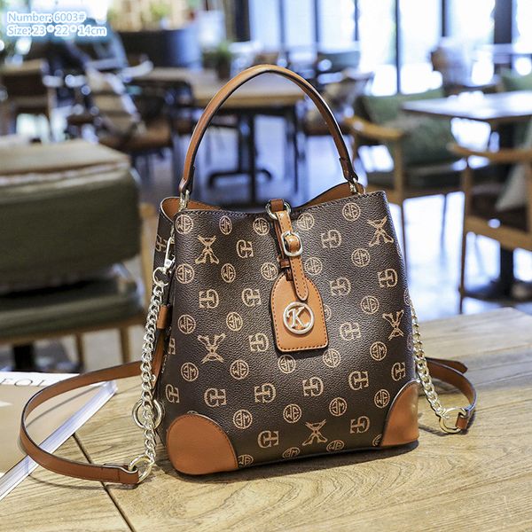 

Factory wholesale ladies shoulder bags 2 colors elegant thick printed retro handbag this year's popular color matching female chain bag trend pendant Joker backpack, Khaki-6003#