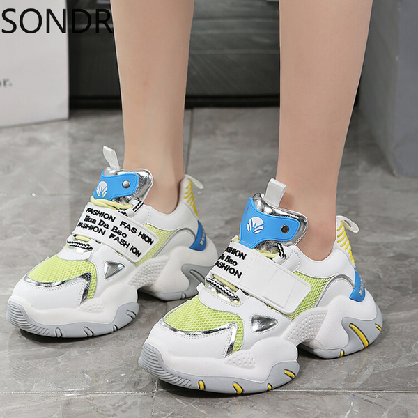 

womens mesh sneakers high heel platform lace up match colors sport girls shoes korean styles new 2023, Black