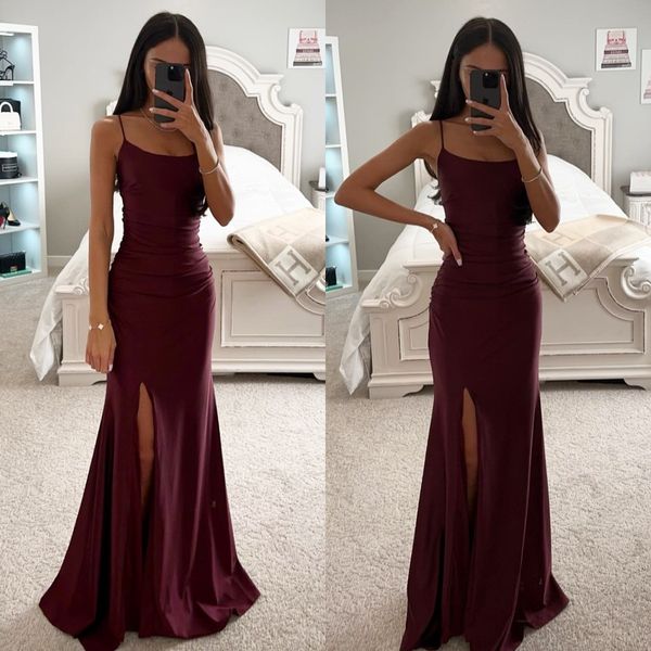 

fashion burgundy prom dresses spaghetti evening gowns pleats sheath split formal red carpet long special occasion party dress, Black
