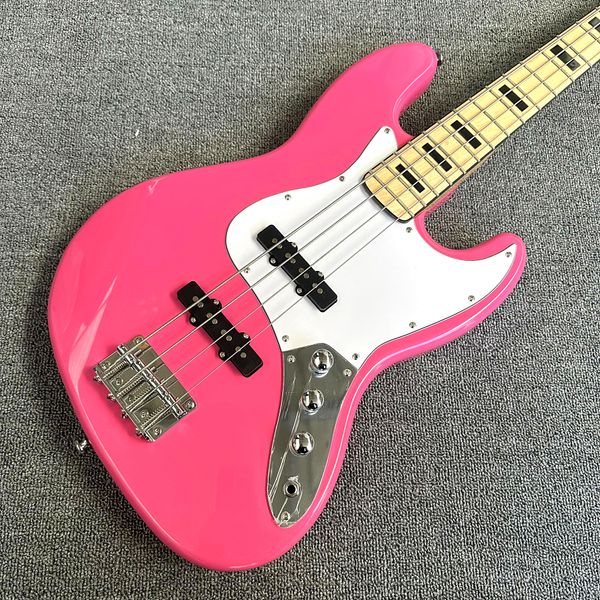 

custom shop, bass pink four-string electric guitar, maple fingerboard, chrome accessories, ing