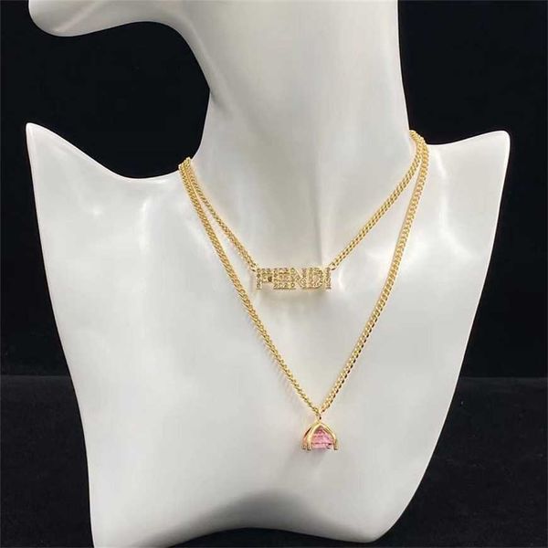 

2023 new fenjia letter water diamond double layer twisted fashion versatile necklace brass sweater chain, Silver