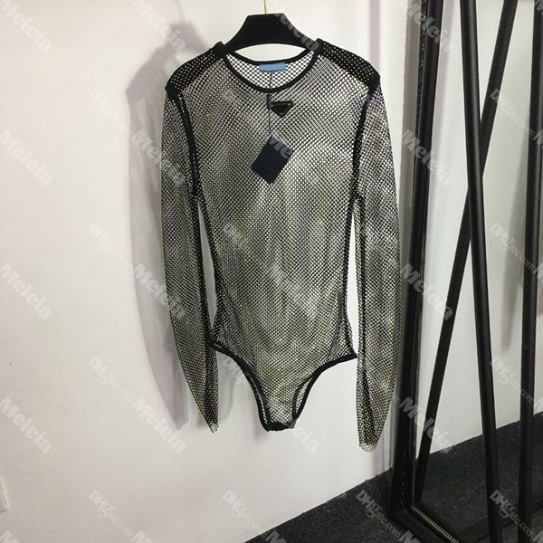 

inverted triangle mush swimwear women hollow jumpsuits designer full rhinestone rompers long sleeve perspective swimsuits for lady, White;black