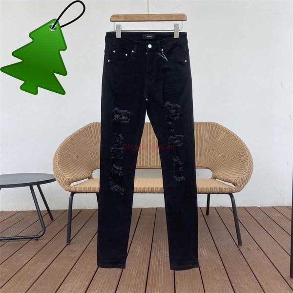 

designer clothing amires jeans denim pants amies pure black personalized drilled perforated patch jeans mens high street fashion brand ins s, Blue