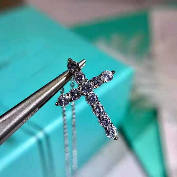 

high version korean version new micro inlaid full diamond necklace tiffay cross women's summer collarbone chain live streaming jewelry, Silver