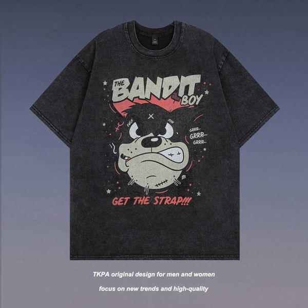 

tkpa american vintage cartoon print old half sleeve t-shirt hip hop small neckline short sleeve tee, White;black
