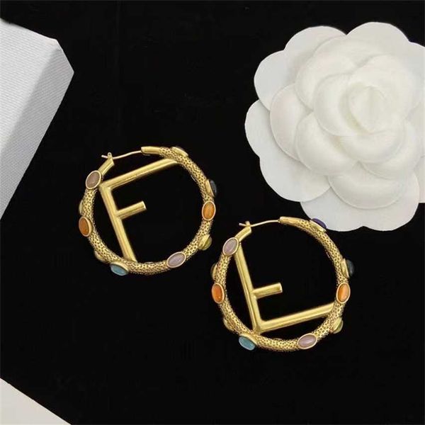 

2023 fenjia round f letter egg shaped colored stone 925 silver needle fashion versatile earrings brass earstuds, Golden