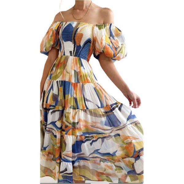 

2023 new bohemian print shoulder holiday style fitting dress1, White;black
