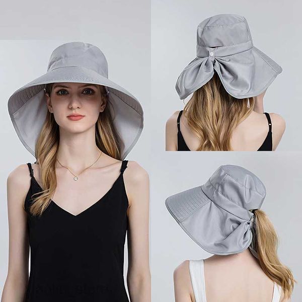 

wide brim hats women snap fastener big brim hat protection visors bucket hat sunscreen fisherman hats outdoors fishing cap ponytail sun hats, Blue;gray