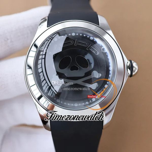 

new 47mm big bubble kopp gray skull dial automatic mens watch steel case rubber strap gents watches twcm timezonewatch e58a3, Slivery;brown