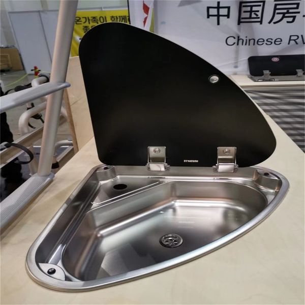 

stainless steel sink tempered glass lid 480*480*145mm boat caravan rv gr-610r