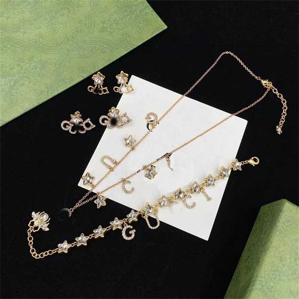 

2023 gujia letter pentagram insect rhinestone necklace bracelet ear studs brass minority design set, Silver
