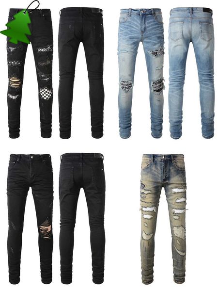 

designer clothing denim pants amiiri checkered black cashew flower single knee broken hole patch jeans distressed ripped skinny motocycle bi, Blue