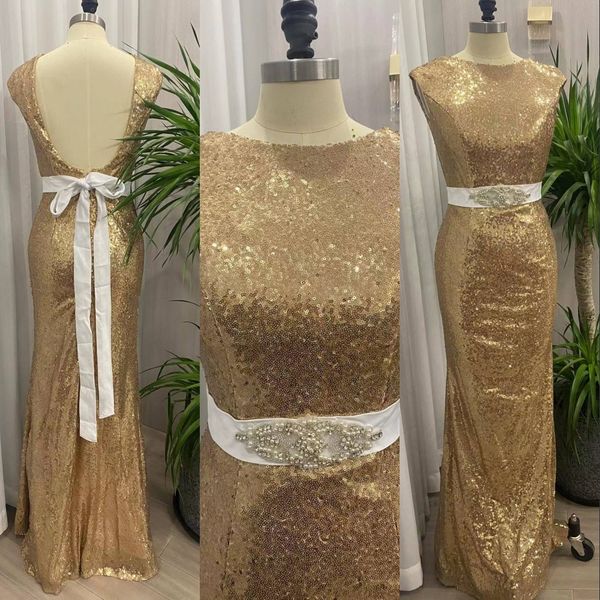 

2023 gold bridesmaids dresses real image jewel neck sequined lace crystal beads sashes floor length short sleeves formal maid of honors wedd, White;pink