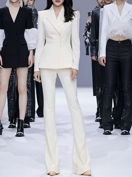 

high-quality office lady suits stitching blazer and flare pants, White;black