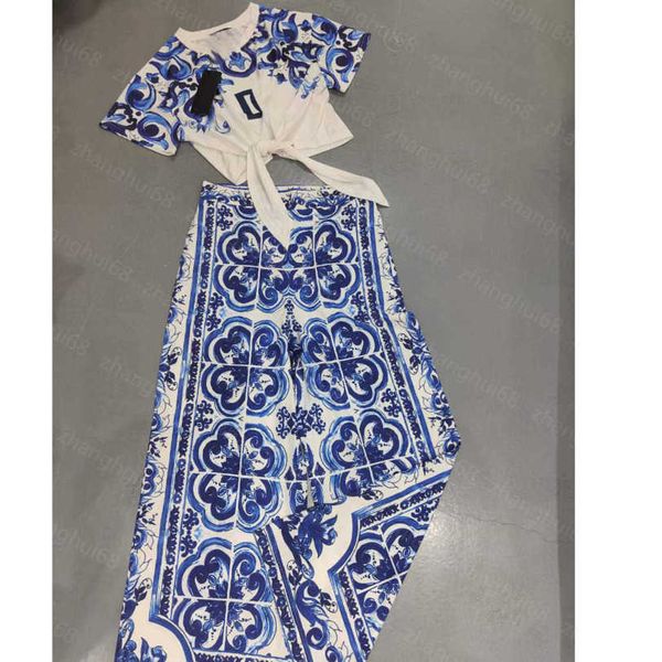 

23ss casual suit womens designer clothing women pants sets round neck short style blue and white porcelain short-sleeved t-shirt wide leg pa