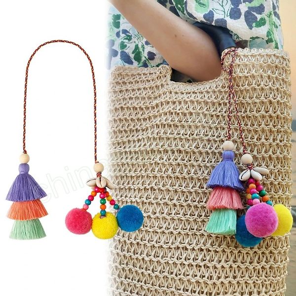 

ethnic style bag hanging decoration bohemian shell tassel pompom balls key chains handmade keychain jewelry pendant gifts, Silver