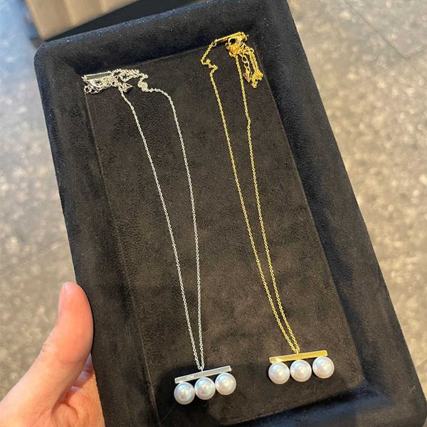 

high-quality three beads balance beam pearl necklace sterling silver clavicle chain pendant versatile design t same style, Golden;silver