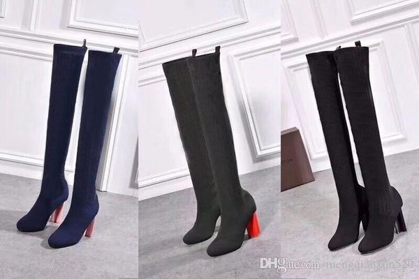 

autumn winter socks heeled heel long boots fashion knitted elastic boot designer alphabetic women shoes lady letter thick high heels large s, Black