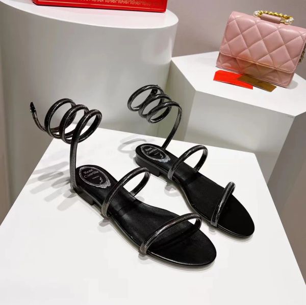 

rene caovilla margot embellished suede sandals snake strass flats women's flats luxury designers ankle wraparound evening shoes factory, Black