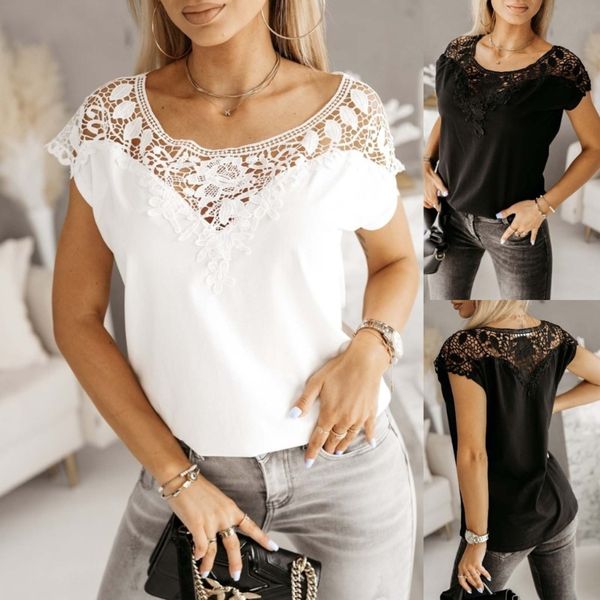 

womens short sleeve solid color lace trim patchwork t-shirt casual tunics round neck shirts, White