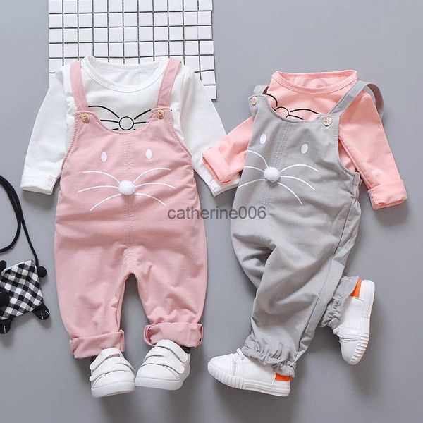 

spring autumn outside wear sports suit for newborn baby girl clothes cute cat mustache baby set + overalls 2pcs outfits 0-3y l230625, White
