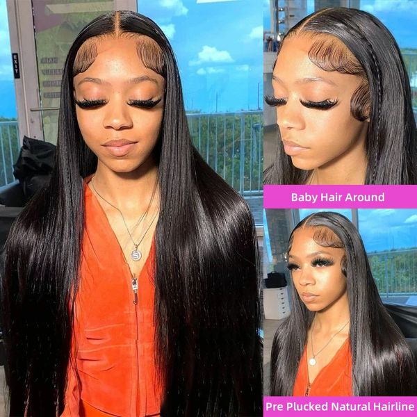 

13x4 lace front human hair wigs black women transparent straight lace closure wig pre plucked with baby hair, Black;brown