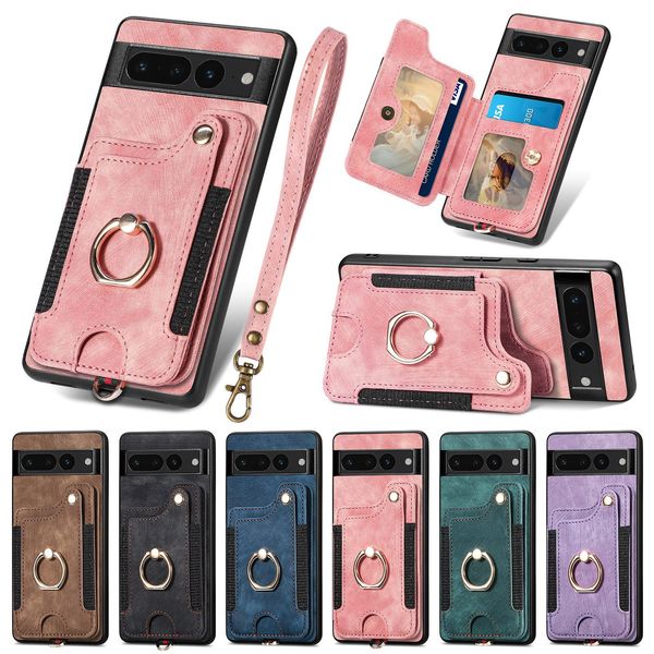 

shockproof leather ring kickstand card slots holder wallet cases for pixel 7 pro 7a 6a 6 magnetic stand rfid phone covers funda with lanyard