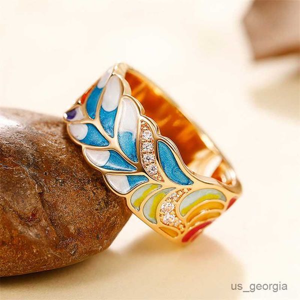 

band rings cute female big leaf flower ring yellow gold color engagement rings for women vintage rainbow enamel wedding ring jewelry r230625, Silver