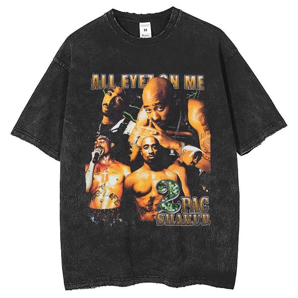 

fashion street t-shirt wash 2pac street fashion print round neck short sleeve t-shirt men's new top, White;black