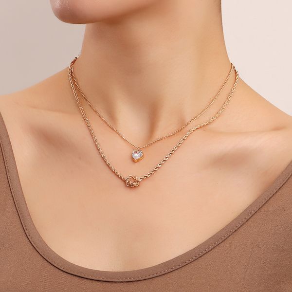 

designer jewlery temperament double heart heart heart zircon pendant necklace, simple twist necklace niche design fashion necklace high-grad, Silver