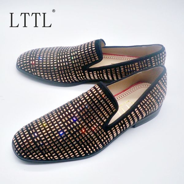 

luxury designer big gold rhinestone loafers men suede shoes handmade slip on dress shoes mens party and wedding shoes, Black