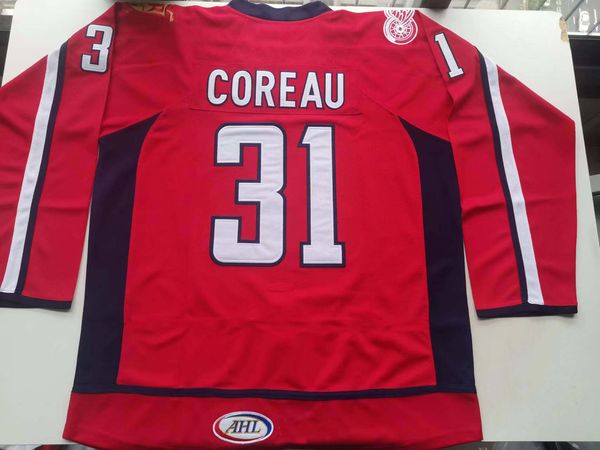 

college hockey wears physical ps grand rapids griffins 31 jared coreau red men youth women vintage high school size s-5xl or any name and nu, Black
