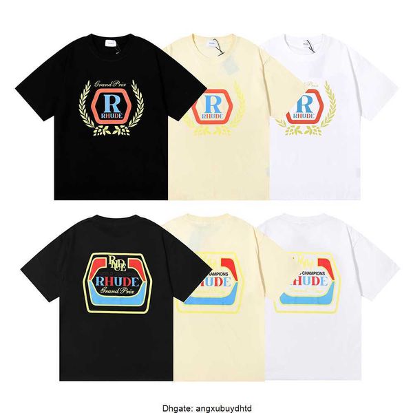 

2023ss high street casual tide rhude windsurf print double yarn pure cotton casual short sleeve t-shirt for men and women, White;black