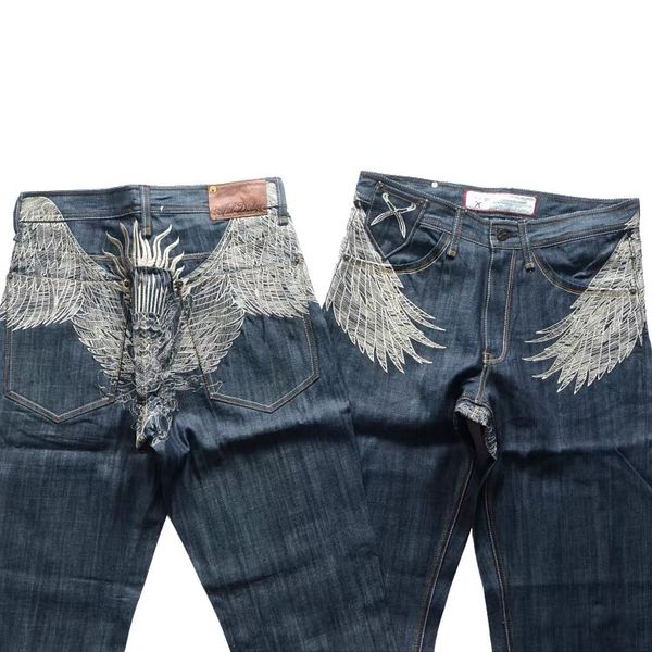 

it exploded ten thousand needles embroidery original pulp not off heavy duty denim pants straight tube hip hop american large men's, Blue
