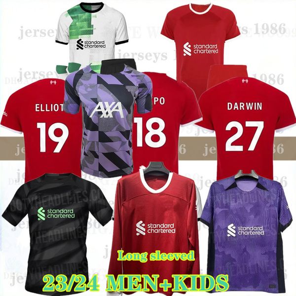 

long sleeved soccer jerseys mac allister 23 24 gakpo darwin soccer jersey fan player version 2023 mohamed luis diaz football shirts men kid, Black;yellow