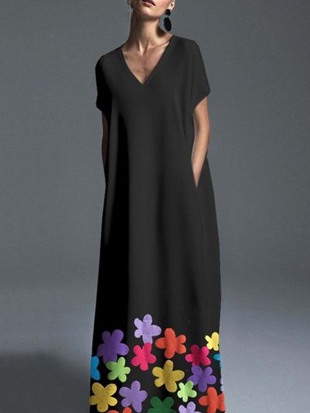 

basic casual dresses summer womens elegant plain floral v neck short sleeve loose pocket maxi dress vintage 230625, Black;gray