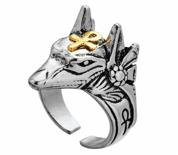 

vintage alloy egypt cross anubis god finger rings for men women punk wolf head knuckle ring boho statement jewelry7666500, Golden;silver