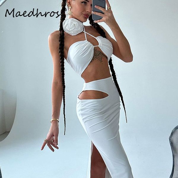 

basic casual dresses solid color 3d design rose 2 pcs sets high waist hollow out slim vintage maxi skirt y2k evening party women skirts stre, Black;gray