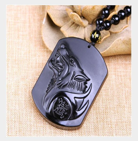 

obsidian wolf head necklace pendant carved stone wolf totems lucky amulet beads necklaces for women men cool jewelry9454390, Silver