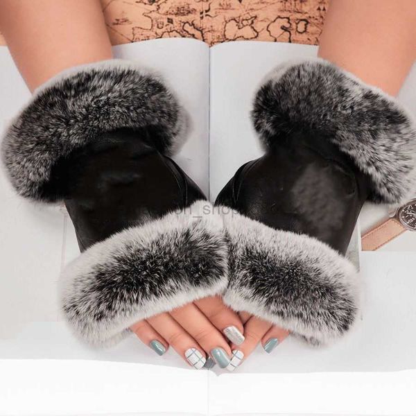 

luxury brand leather gloves and wool touch screen rabbit skin cold resistant warm sheepskin parting finger, Blue;gray