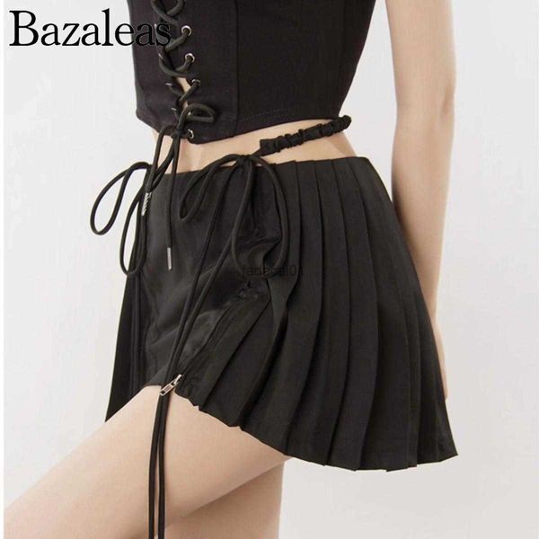 

bazaleas 2023 summer fitness skirts women ties mini short splits front skirt with underwear l230621, Black