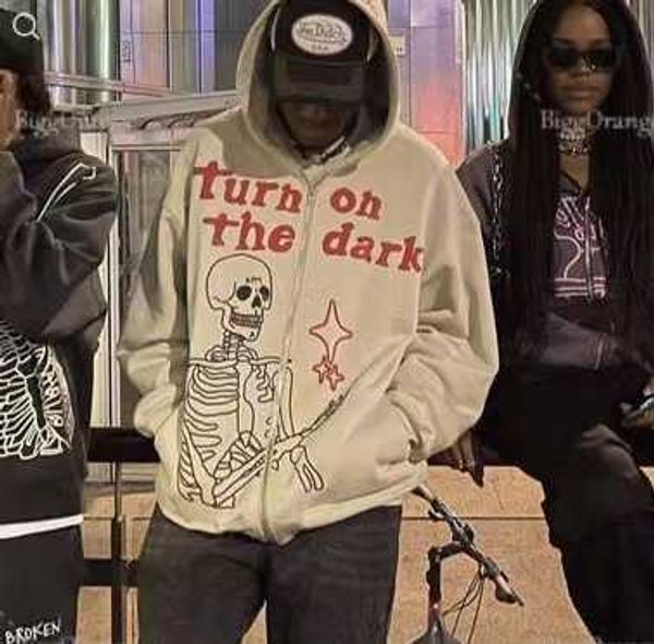 

men's sweatshirts y2k autumn retro skeleton print zipper oversized streetwear harajuku high long sleeve jacket surprise price, Black