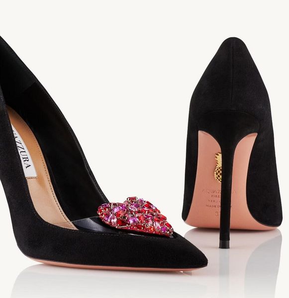 

famous brand aquazzuras women love me sandals shoes jeweled heart stiletto heels floaty pumps dress party bridal lady sandalias eu35-43,with, Black