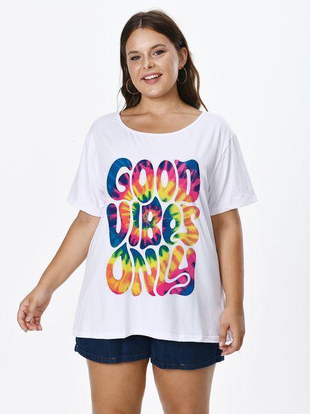 

women's plus size tshirt women tshirt with good vibe print oneck short sleeve for femmes large tunics blouses mujeres talla 22060901 2, Black