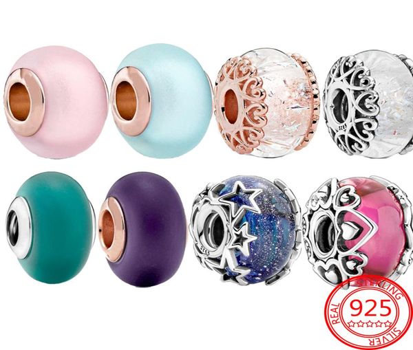 

925 silver fit charm 925 bracelet silver rose series pink faceted murano glass beaded charms set pendant diy fine beads jewelry7800958, Bronze;silver
