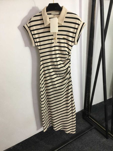 

23ss women dress womens designer clothing summer dresses polo collar wrap hip split striped short-sleeved dress womens clothing, Black;gray
