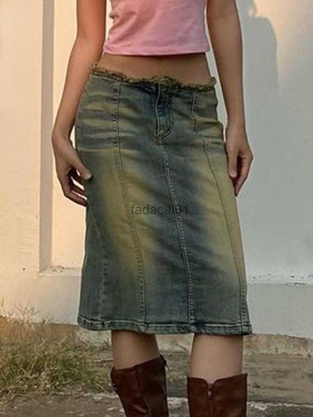 

washed vintage denim midi skirts womens fringed low waist stitched y2k streetwear weet short summer skirt l230621, Black