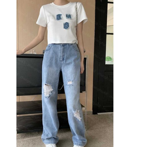 

23ss womens designer clothing women pants sets patchwork denim applique embroidered logo letter short-sleeved t-shirt casual denim pants set, White
